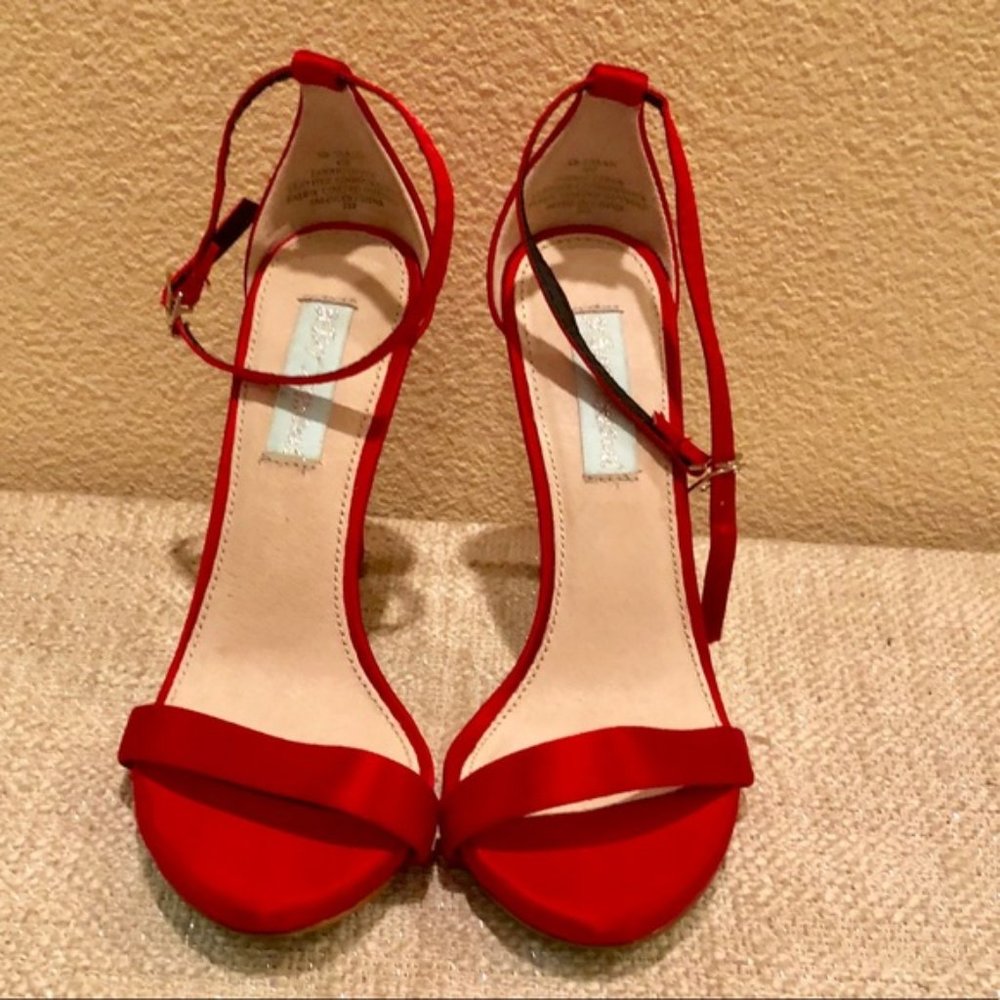 Betsey Johnson Sarah red satin ankle straps heels